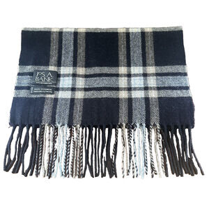 Jos A Bank 100% Cashmere Men’s Black Taupe Blue Plaid Scarf 58" x 12" Mens Gift
